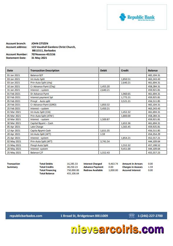 Barbados Republic Bank statement in Word and PDF format